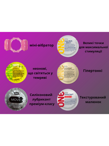 Набор One Intense Arousal Pleasure Kit Презервативы 6 шт + Лубрикант 6 шт + Вибро кольцо 1 шт 6501053344 фото