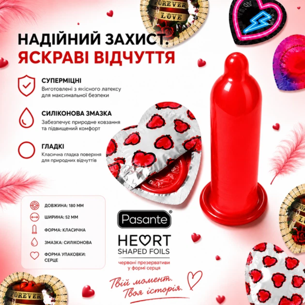 Презервативи Pasante Love Mix Червоного кольору в унікальному пакуванні у формі серця 5 шт 6501053720 фото